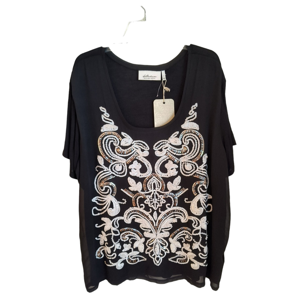 La Bellum Hillary Scott  Sequin Top Woman's Size 3X Black White Short Sleeve